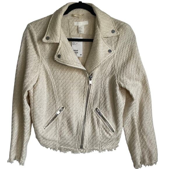 H&M Tweed Cream Moto Jacket NWT Fringe Hem Silver Hardware Sz 4 Shabby Chic - Picture 1 of 13